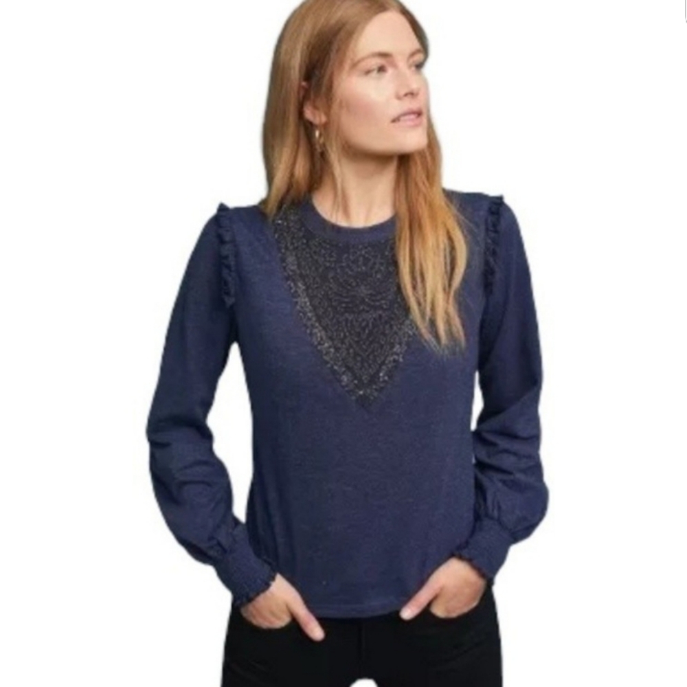 Anthropologie Ranna Gill Blue Beaded Charlene Longsleeve Top - Picture 1 of 8